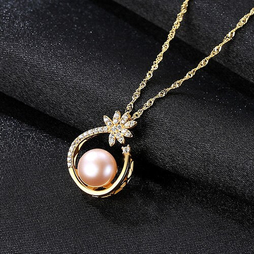 925 Sterling Silver CZ Flower Necklace,Fine Pearl Pendant Jewelry Women Bohemia 18K Gold Color Chain For Love, Girl Gift