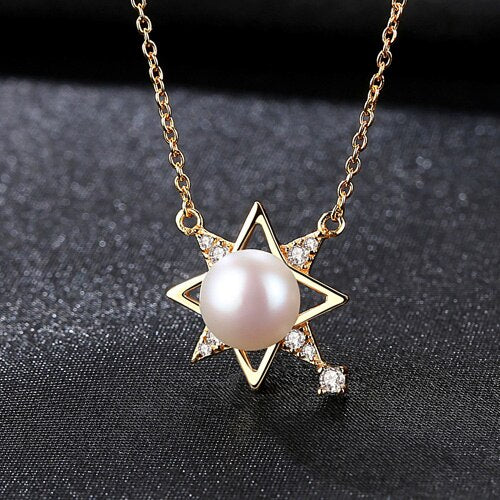 Newest 18K Gold-color 925 Sterling Silver Chic pearl Pendant Necklace Girls Wedding Accessories Lucky Star Shape Jewelry