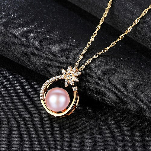 925 Sterling Silver CZ Flower Necklace,Fine Pearl Pendant Jewelry Women Bohemia 18K Gold Color Chain For Love, Girl Gift