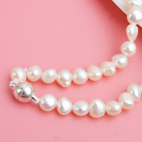 Real White Freshwater Pearl Necklace for Women with Pure 925 Sterling Silver Beads Handmade Jewelry Magnetic clasp