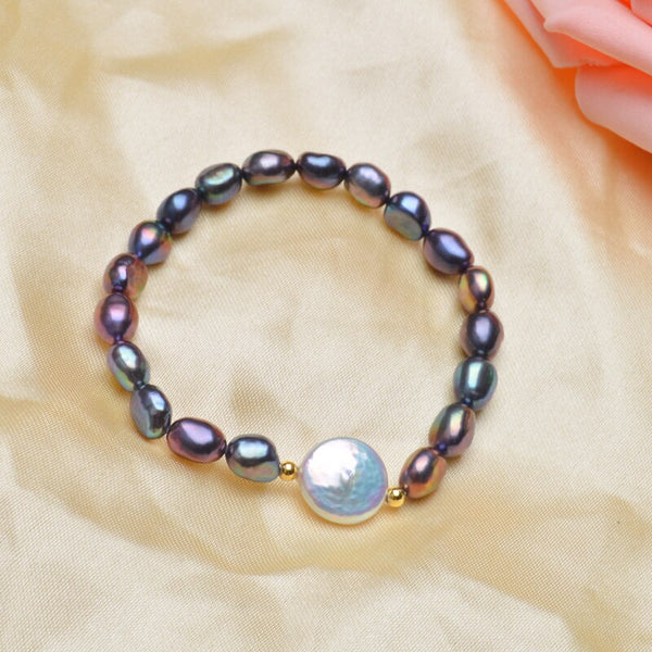 Big 12-13mm Button Freshwater Pearl Bracelets Natural Black Baroque Pearl for women with 925 Sterling Silver Bead