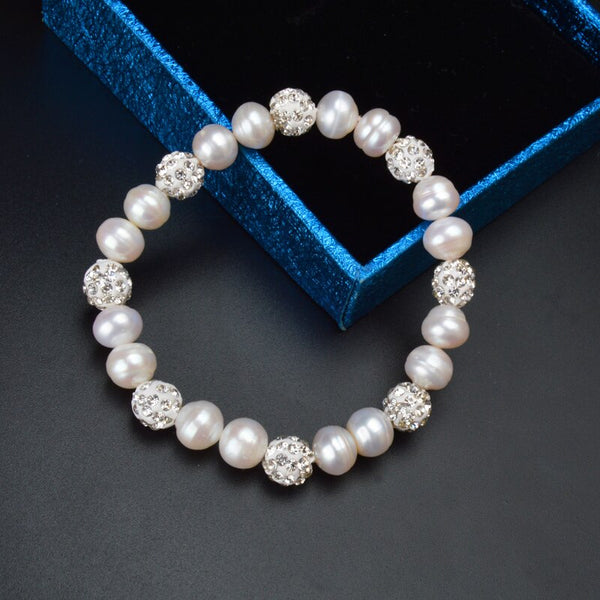 8-9mm Brilliant Natural Freshwater Pearl Bracelets with Crystal Shambhala Beads Charm Bohemian Elasticity Bangles women