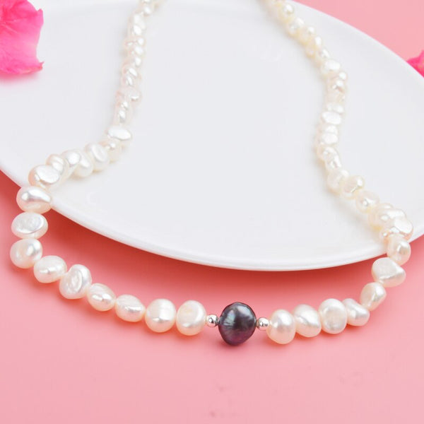 Real White Freshwater Pearl Necklace for Women with Pure 925 Sterling Silver Beads Handmade Jewelry Magnetic clasp