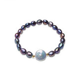 Big 12-13mm Button Freshwater Pearl Bracelets Natural Black Baroque Pearl for women with 925 Sterling Silver Bead