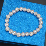 8-9mm Brilliant Natural Freshwater Pearl Bracelets with Crystal Shambhala Beads Charm Bohemian Elasticity Bangles women