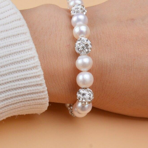 8-9mm Brilliant Natural Freshwater Pearl Bracelets with Crystal Shambhala Beads Charm Bohemian Elasticity Bangles women