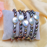 Big 12-13mm Button Freshwater Pearl Bracelets Natural Black Baroque Pearl for women with 925 Sterling Silver Bead