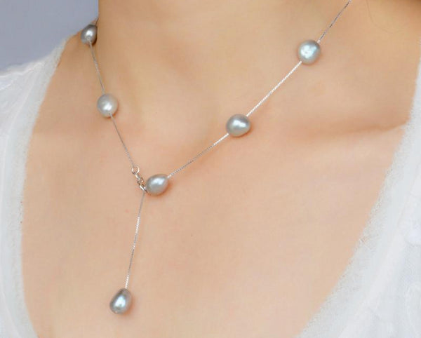 Real S925 sterling silver Natural Freshwater pearl pendant necklace Gray White 8-9mm Baroque pearl Jewelry for Women