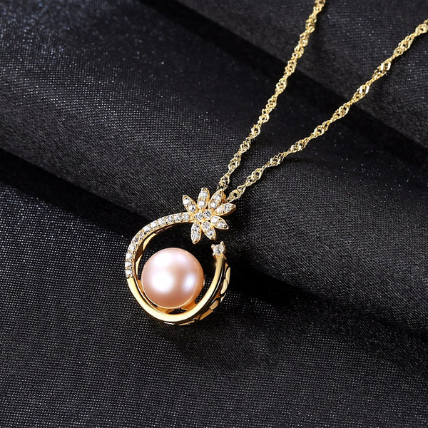 925 Sterling Silver CZ Flower Necklace,Fine Pearl Pendant Jewelry Women Bohemia 18K Gold Color Chain For Love, Girl Gift