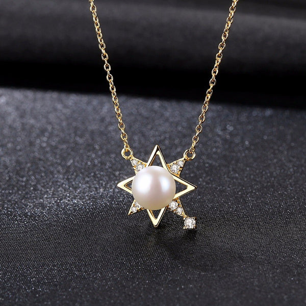 Newest 18K Gold-color 925 Sterling Silver Chic pearl Pendant Necklace Girls Wedding Accessories Lucky Star Shape Jewelry