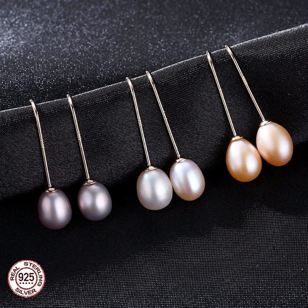 Simple Ear Hook 925 Sterling Silver Earrings 8-9mm Natural Rice Pearl Drop Earrings for Women Classic Pearl Jewelry