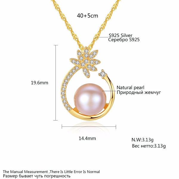 925 Sterling Silver CZ Flower Necklace,Fine Pearl Pendant Jewelry Women Bohemia 18K Gold Color Chain For Love, Girl Gift