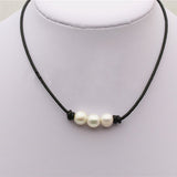 Three pearl Leather Pearls choker necklace - 10mm near round pearl - Genuine freshwater pearl - Real leather