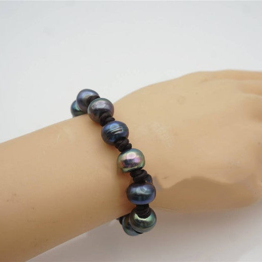 Metallic Blue Button pearl bracelet,Leather Pearls Bracelet, Handmade Cuff,Black Pearls on Brown Leather,Black leather bracelet