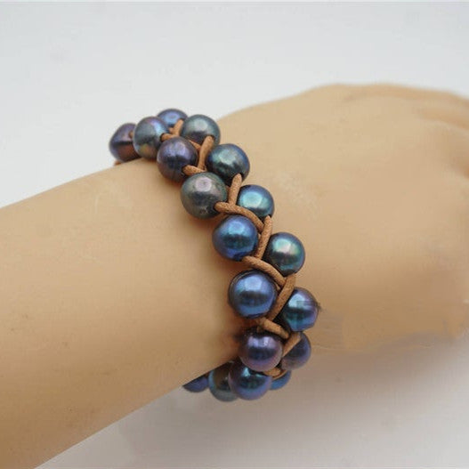 Two rows blue pearl bracelet,Leather Pearls Bracelet, Handmade Cuff,White Pearls on Brown Leather,Black leather bracelet